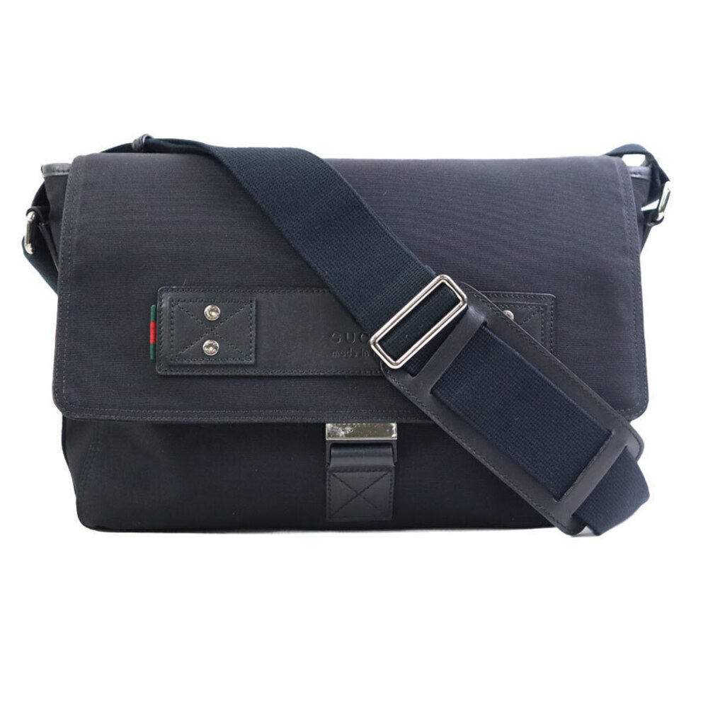 Gucci Web Canvas Leather Flap Messenger Crossbody Bag Black